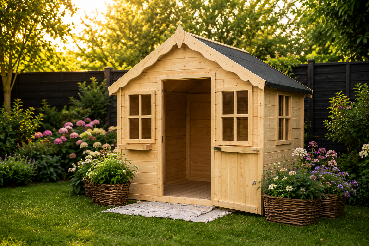 Wooden children's garden playhouse in a sunlit garden with flowers