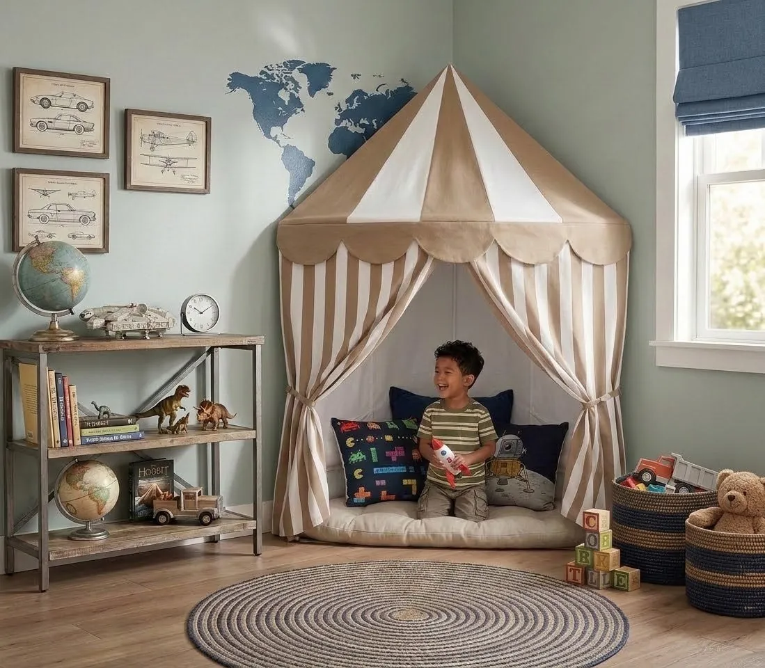 Boy laughing with a toy rocket inside the Brown Stripes corner tent