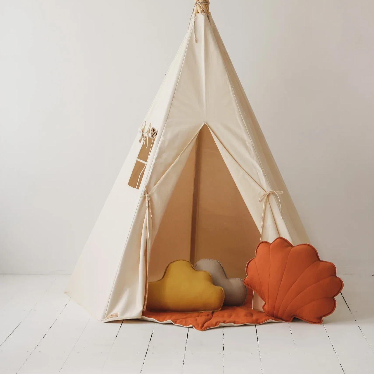 Beige Classic Teepee Tent with cotton canvas and pale wood poles