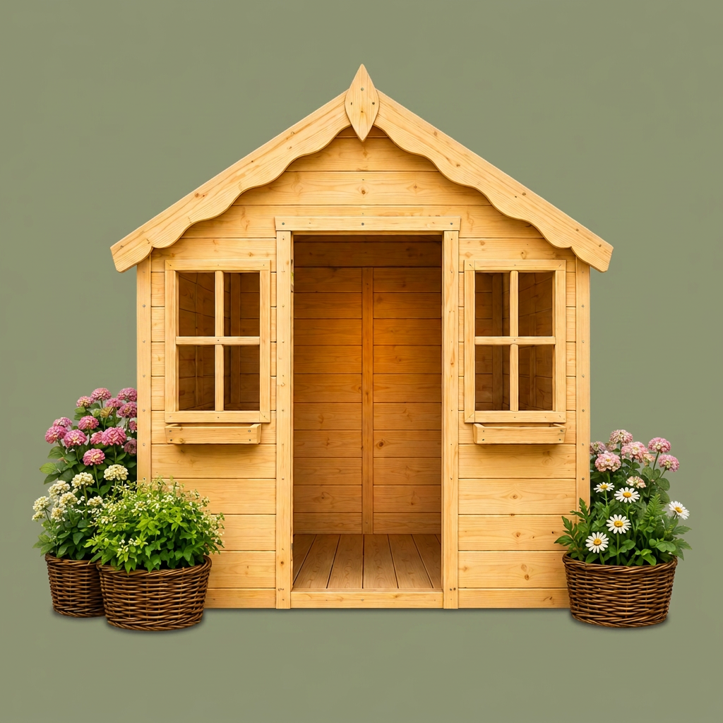 Wooden children's garden playhouse with flower planters