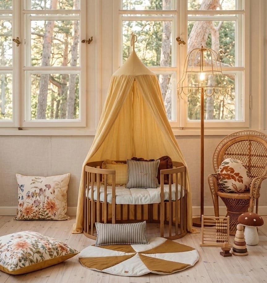 Mustard yellow cotton canopy hanging over a low wooden bed in a bright nursery, with a pinwheel playmat and rattan chair