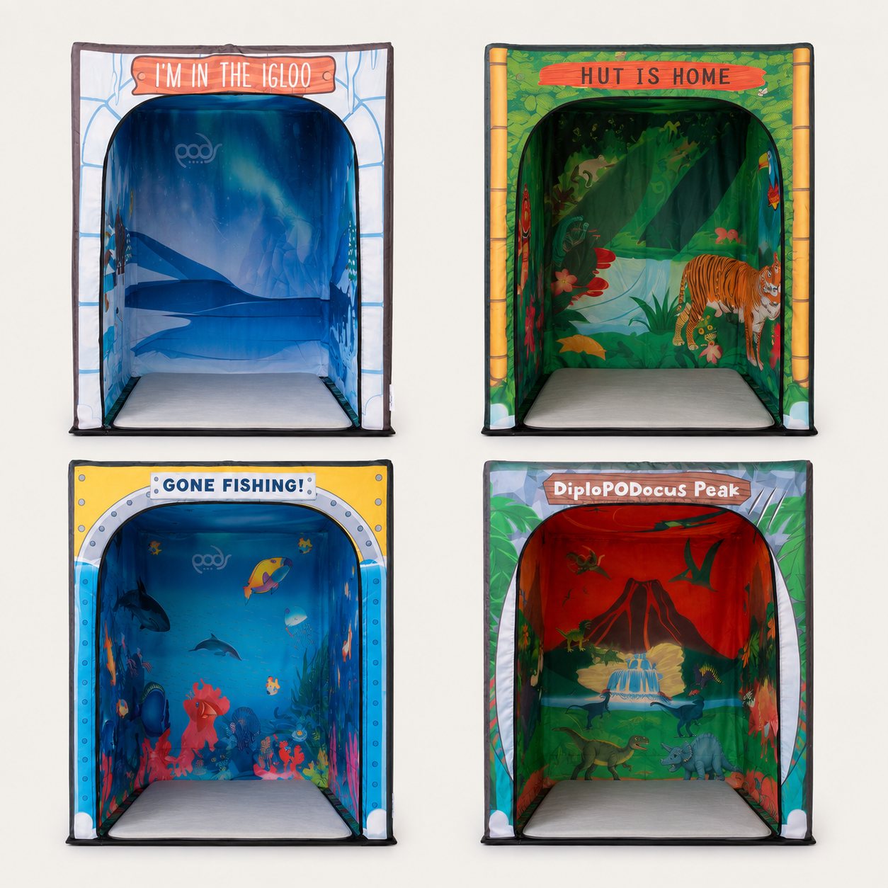 Swappable themed tent jackets, space, jungle and underwater covers for a sensory tent
