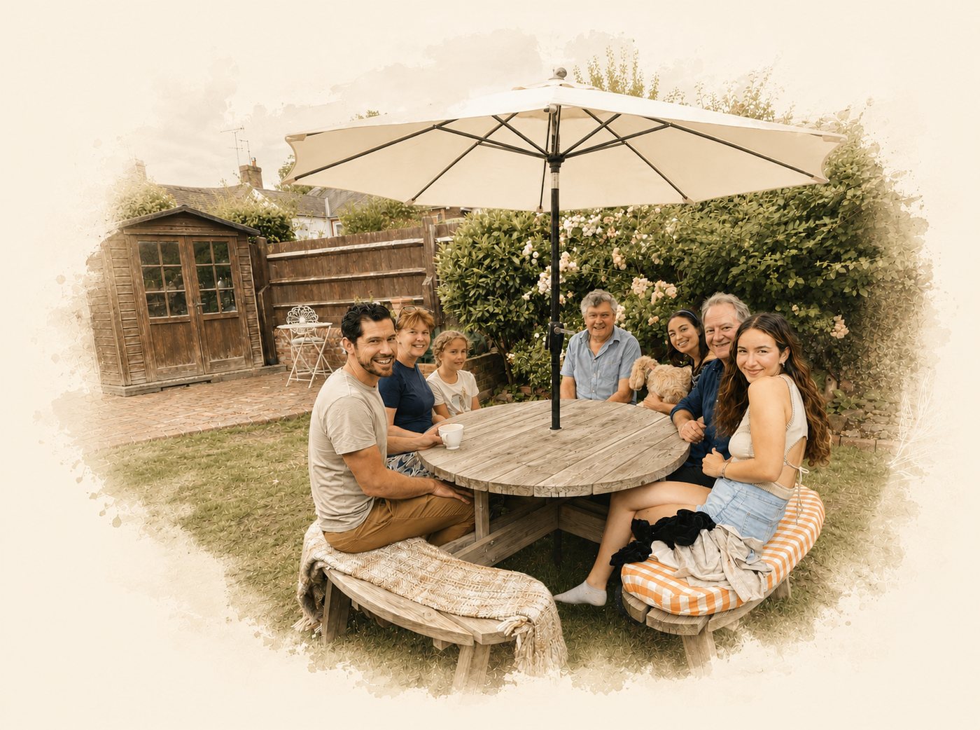 The founder of Play Tents with her family around a garden table under a cream umbrella