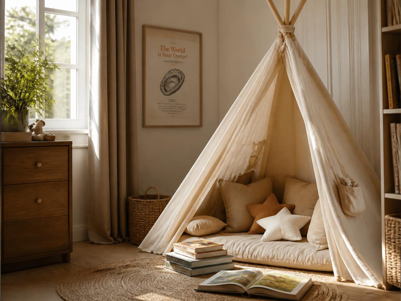 Cream cotton teepee reading nook with linen cushions and picture books in warm daylight
