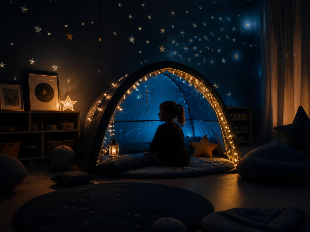 Child sitting calmly inside a glowing arched sensory tent in a darkened navy bedroom