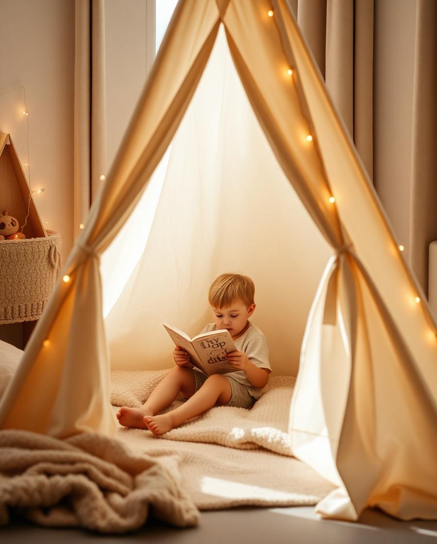 Child reading a picture book inside a cream teepee lit with fairy lights
