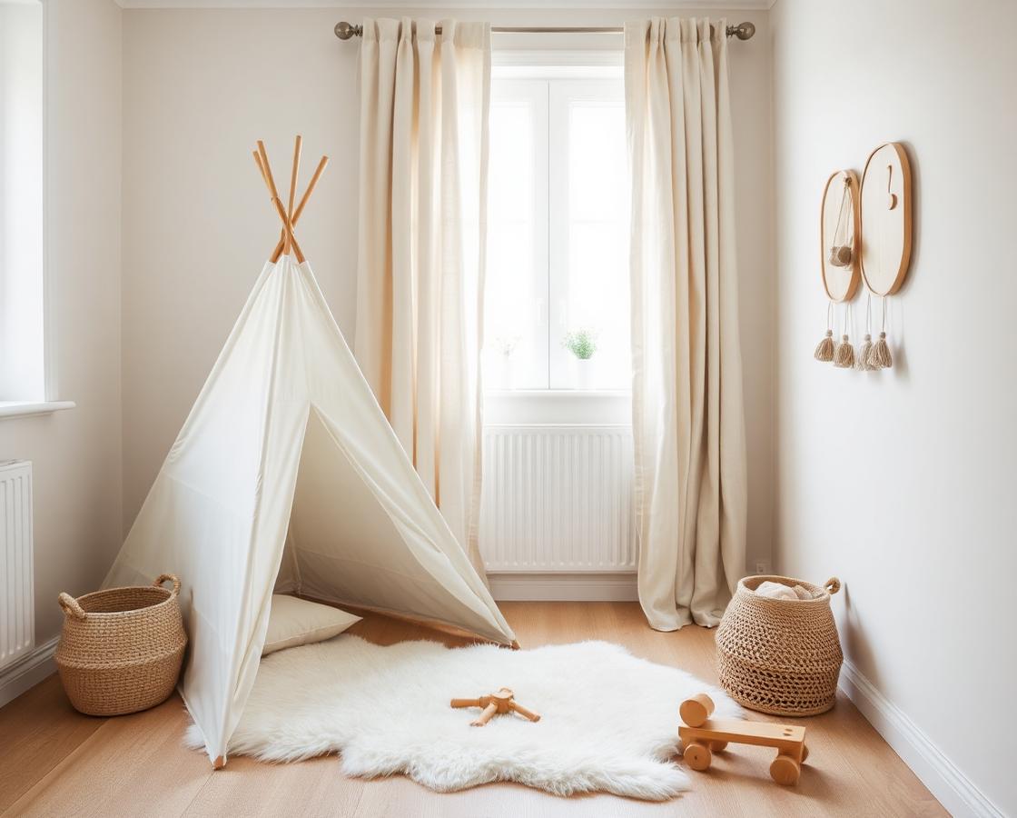 White cotton teepee tent in a bright minimal nursery with a sheepskin rug