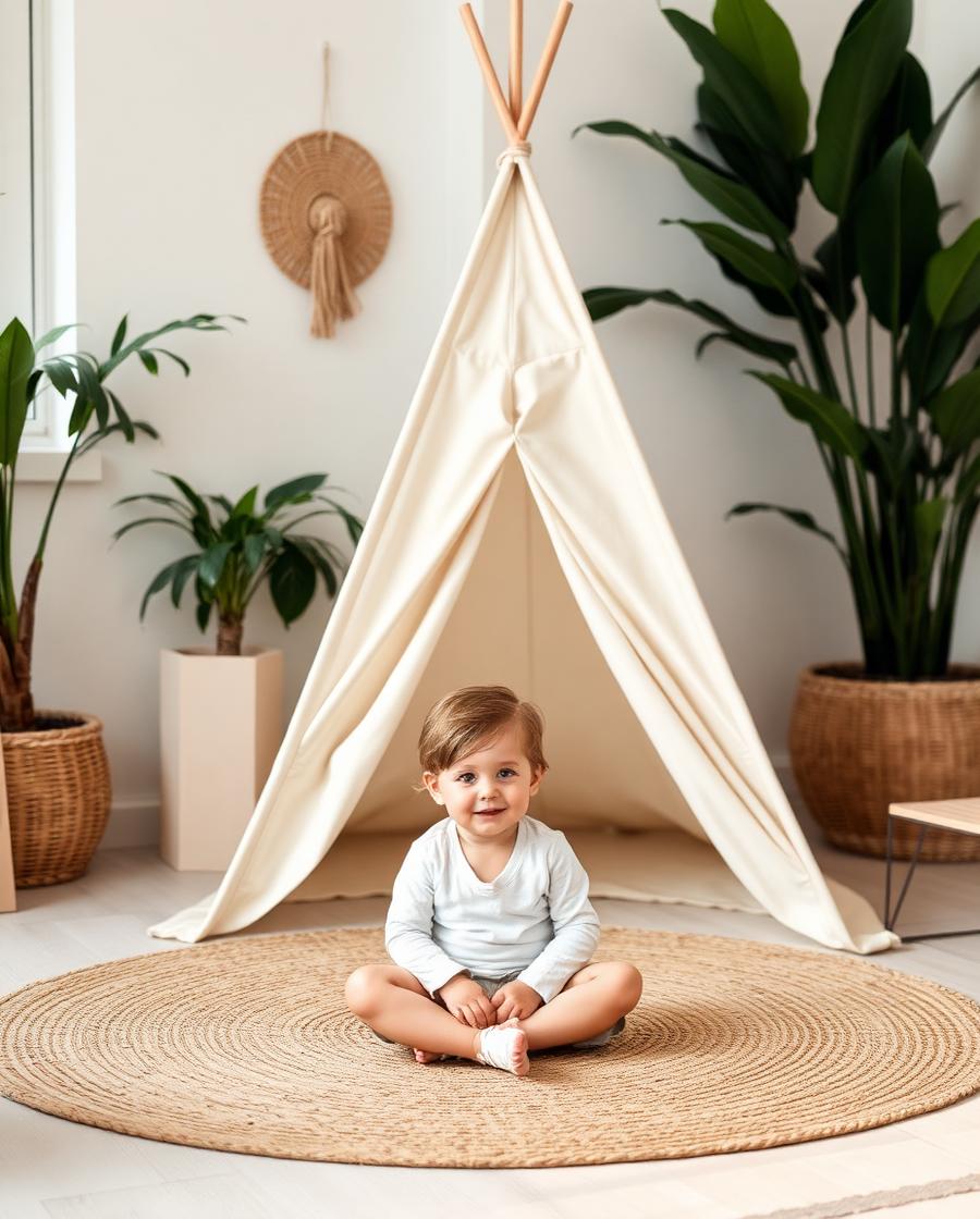Toddler sitting on a jute rug in front of a cream canvas play teepee