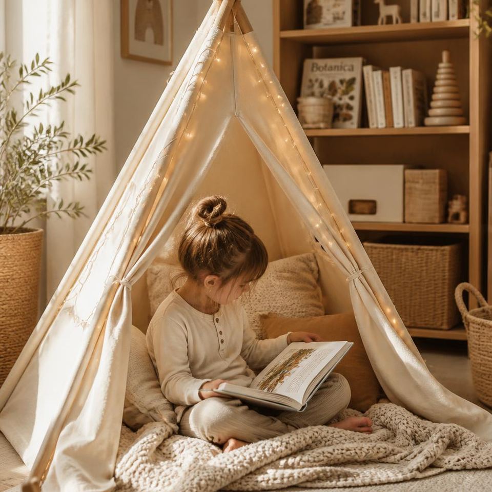 Young child reading a picture book inside a cream cotton canvas teepee play tent lit with warm fairy lights in a sunlit nursery